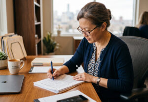 Person creating their will writing on a paper at a desk
